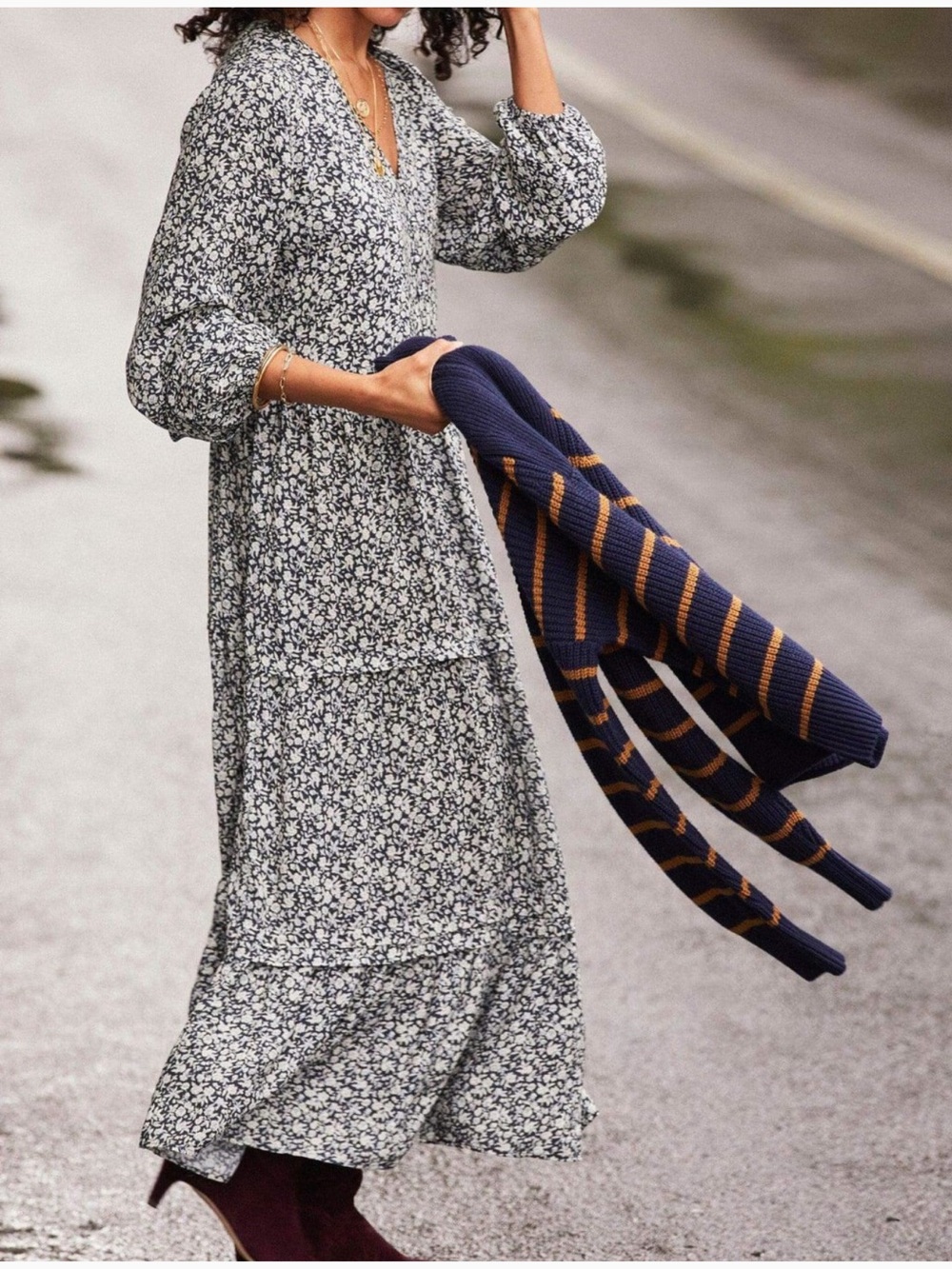 Faherty floral midi maxi dress navy long sleeve small cottage core